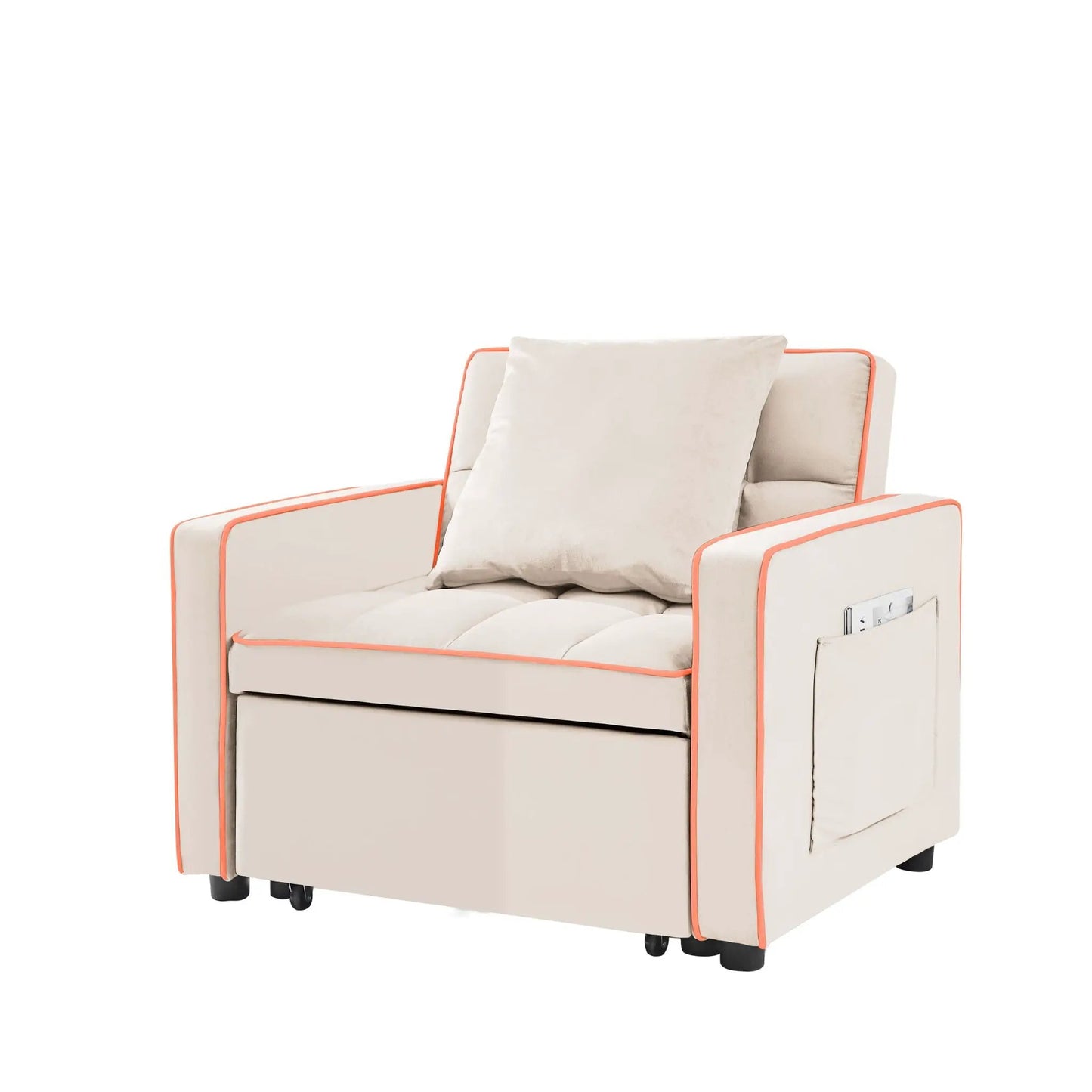 Modern 3-In-1 Sofa Bed Chair by Unique Piece Furniture, upholstery orange piping, storage pocket on Tampa Home & Garden Store