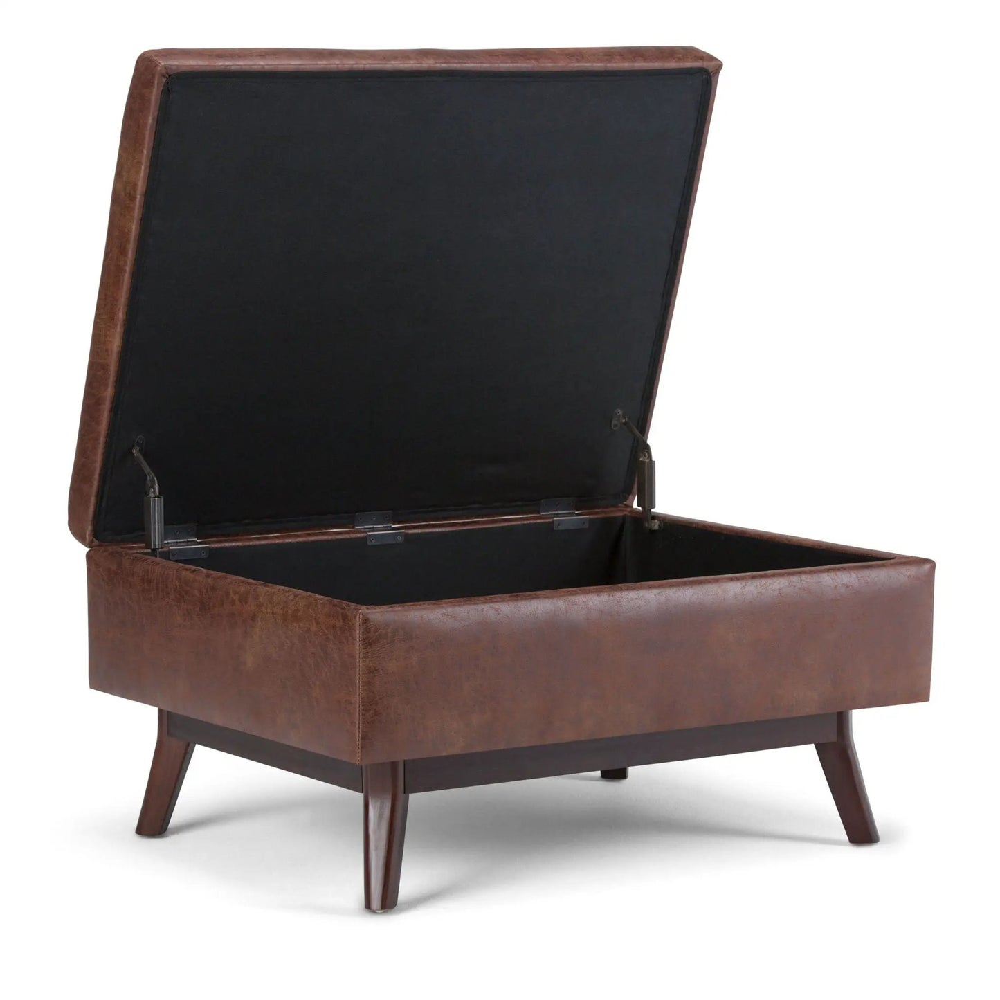Owen Upholstered Rectangular Storage Ottoman, brown faux leather exterior, black interior on Tampa Home & Garden Store