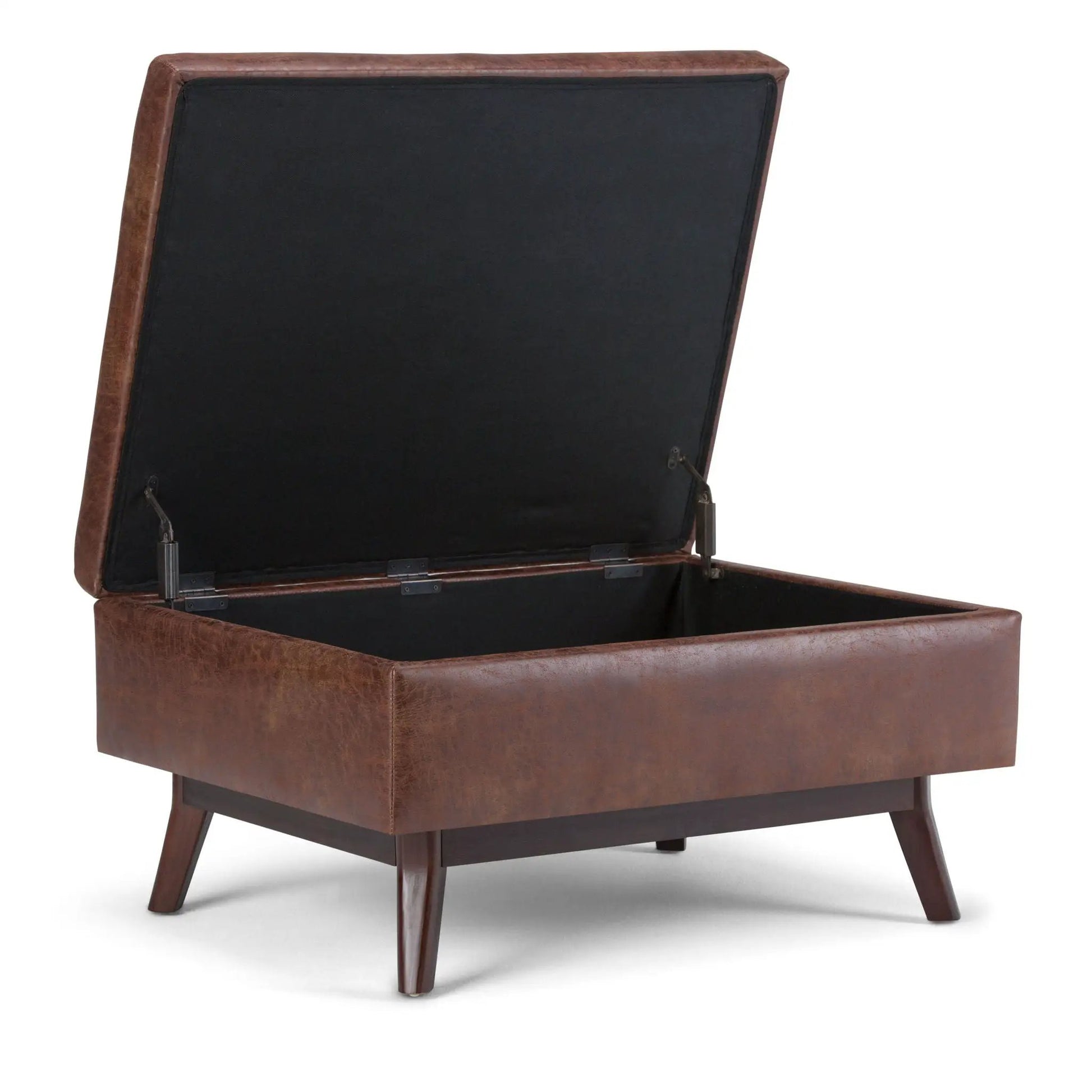 Owen Upholstered Rectangular Storage Ottoman, brown faux leather exterior, black interior on Tampa Home & Garden Store