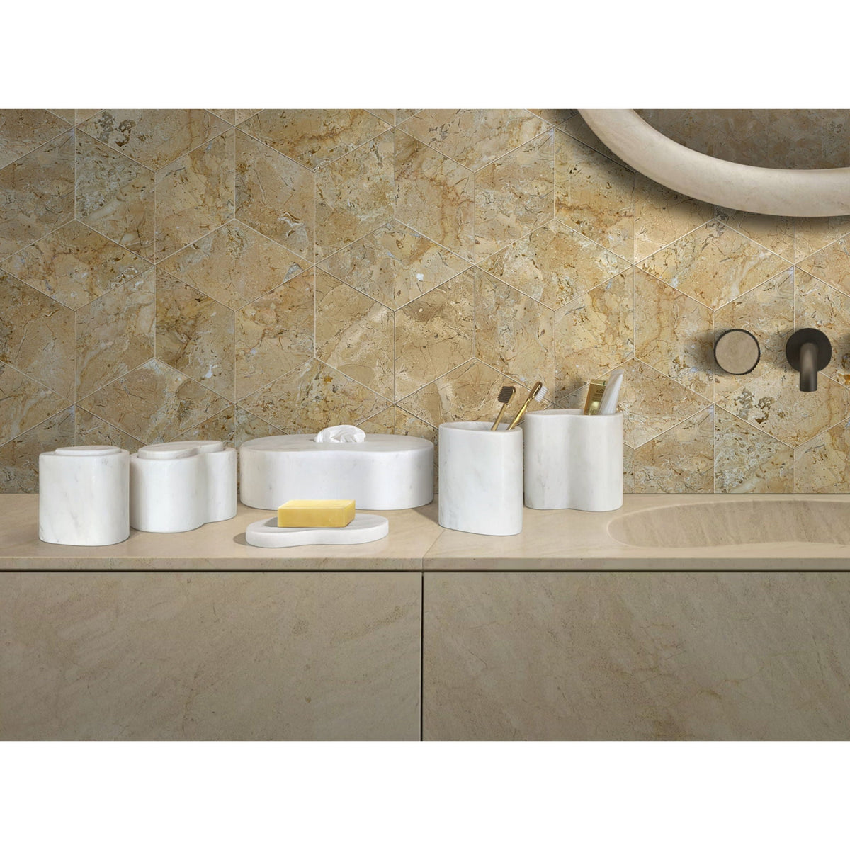 Elegant marble bathroom accessories set by HouseOfZazla with marble canisters on beige stone on Tampa Home & Garden Store