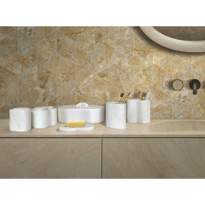 Elegant marble bathroom accessories set by HouseOfZazla with marble canisters on beige stone on Tampa Home & Garden Store