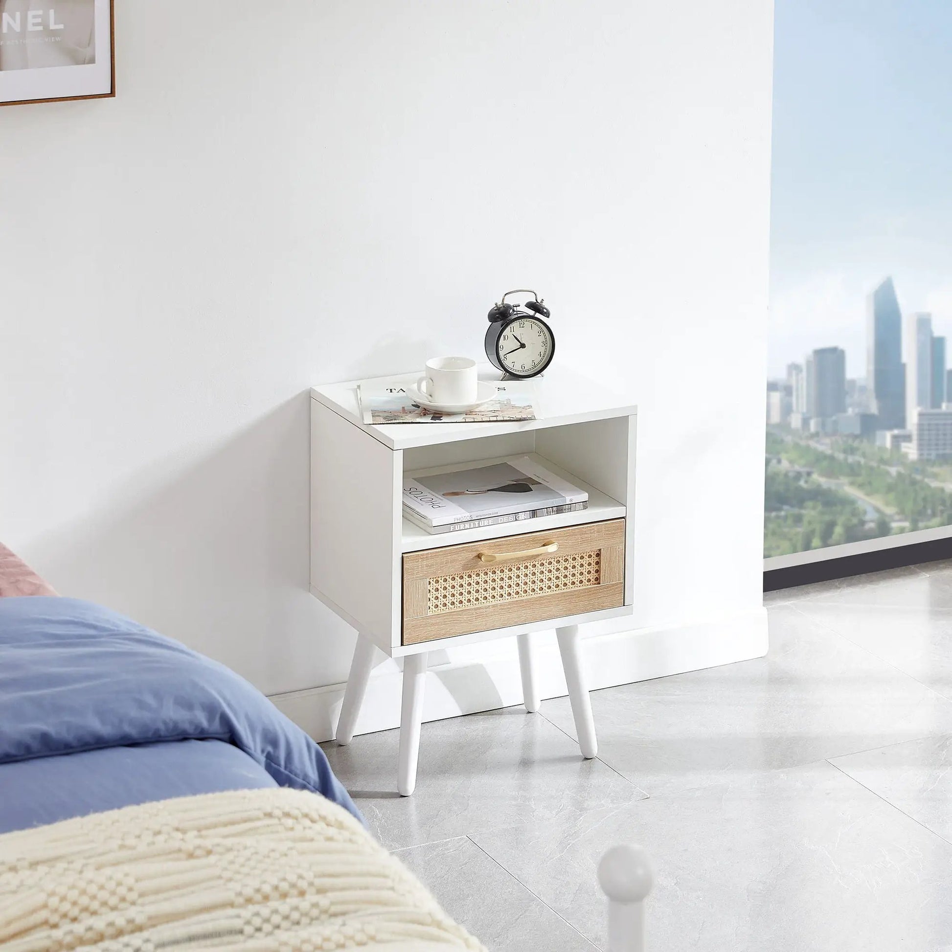 Rattan End Table with Drawer and Solid Wood Legs, white modern accent nightstand on Tampa Home & Garden Store