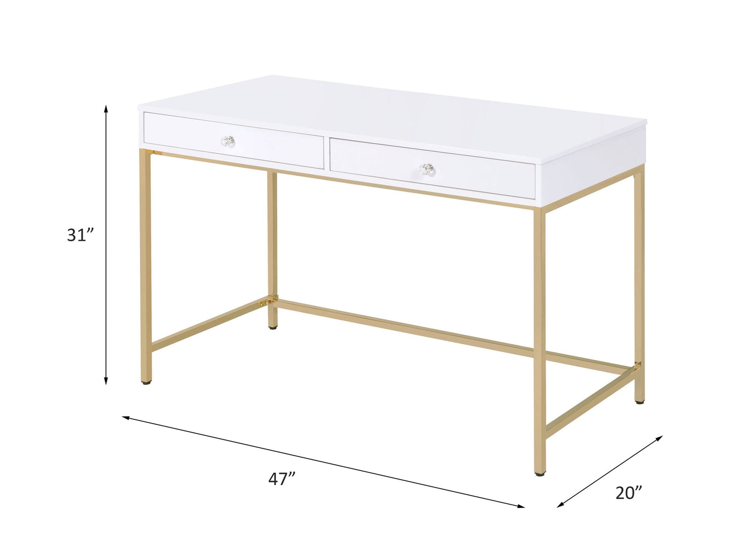 Ottey high-gloss white writing desk with 2 crystal-knob drawers and gold metal legs HouseOfZazla on Tampa Home & Garden Store