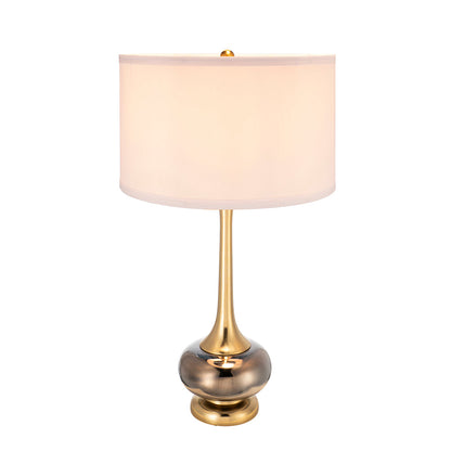 D15x29 Table Lamp with Glass Drum Shade in goldtone finish and smoky glass orb base on Tampa Home & Garden Store