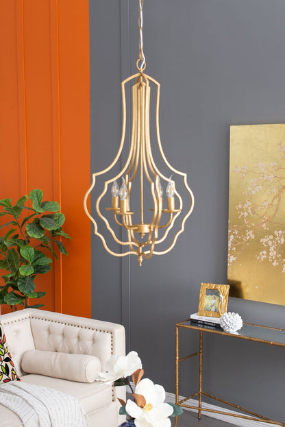 Gold four-light chandelier with open cage frame and candle bulbs, adjustable chain HouseOfZazla on Tampa Home & Garden Store