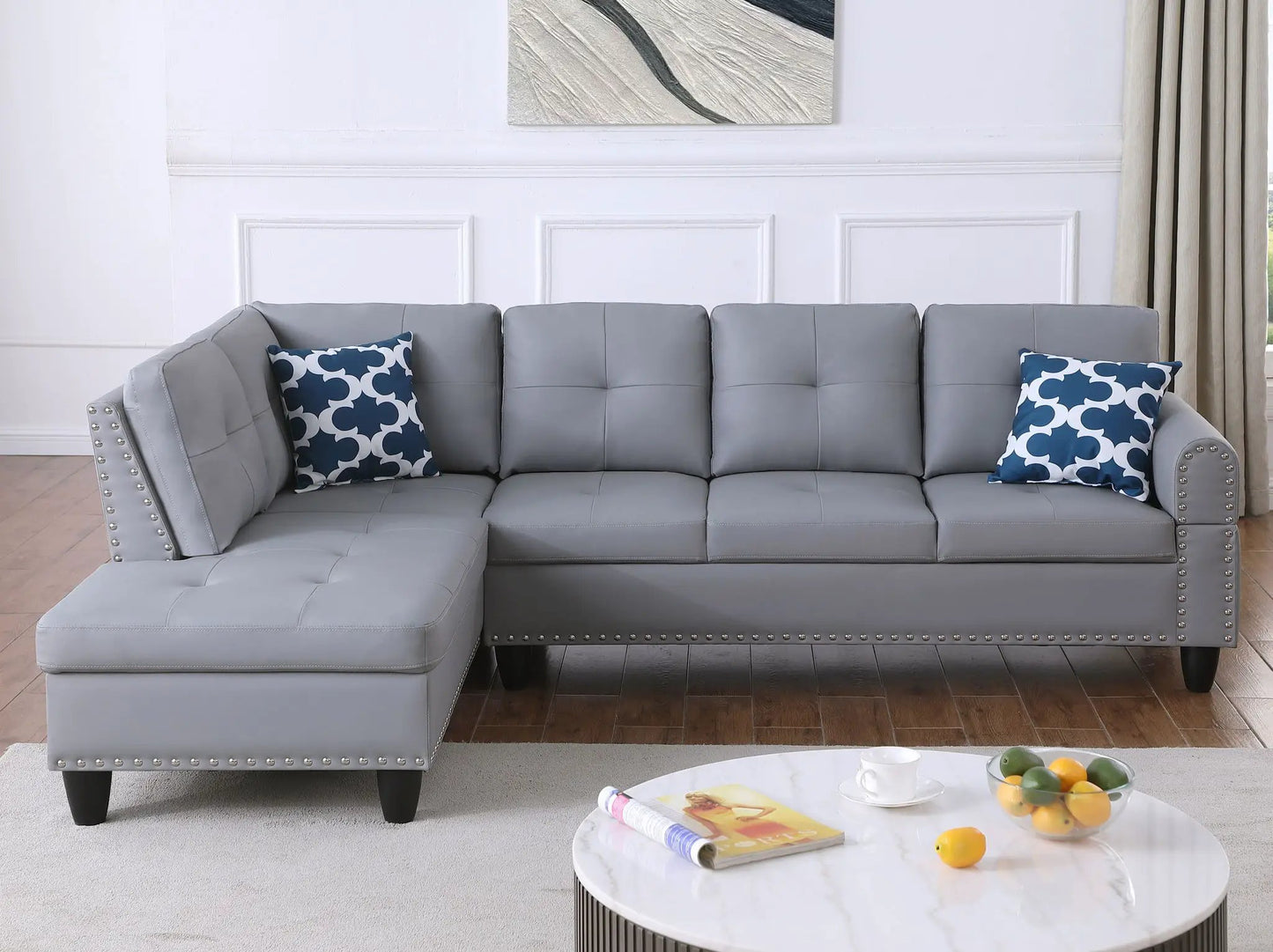 Irine gray sectional sofa with ottoman, faux leather, studded arms, blue pillows by Unique Piece Furniture on Tampa Home & Garden Store