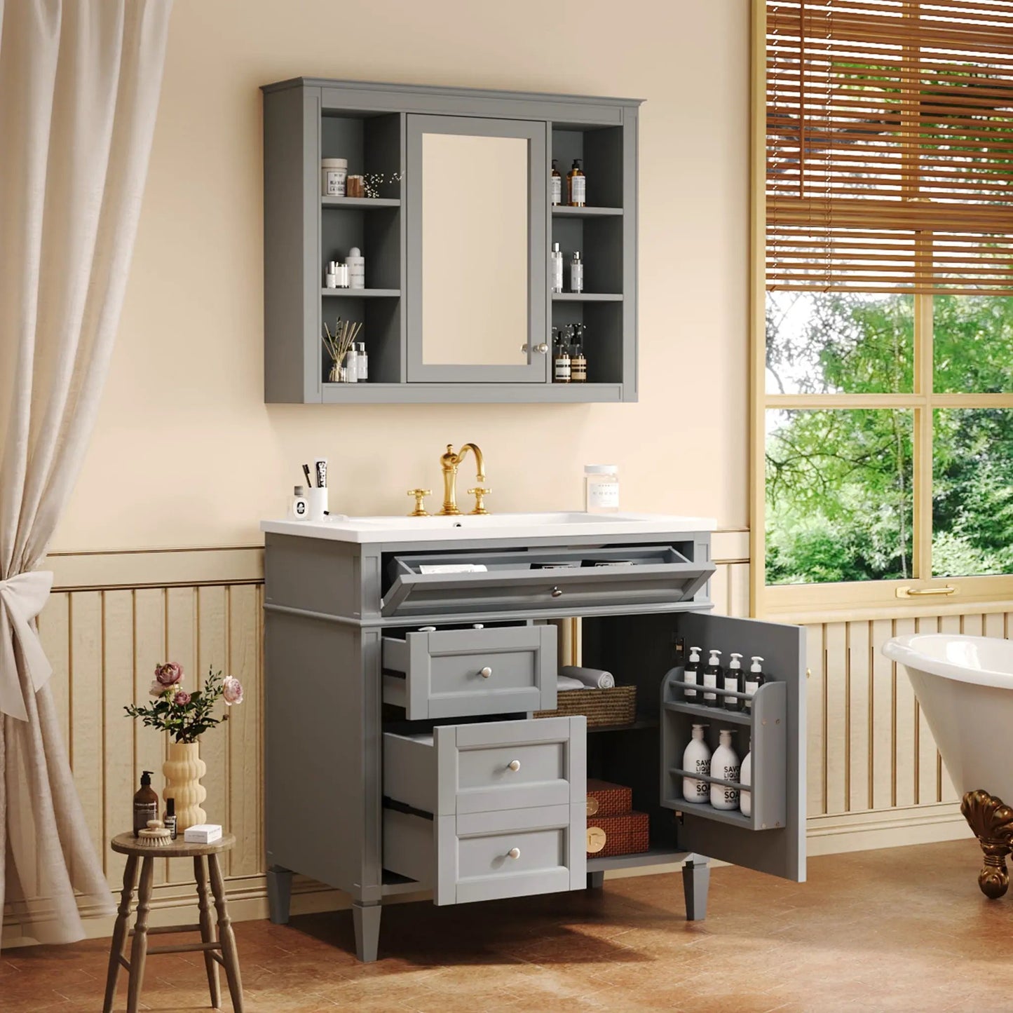 Bathroom vanity with mirror cabinet in gray, single sink, 2 soft closing doors and 4 drawers on Tampa Home & Garden Store