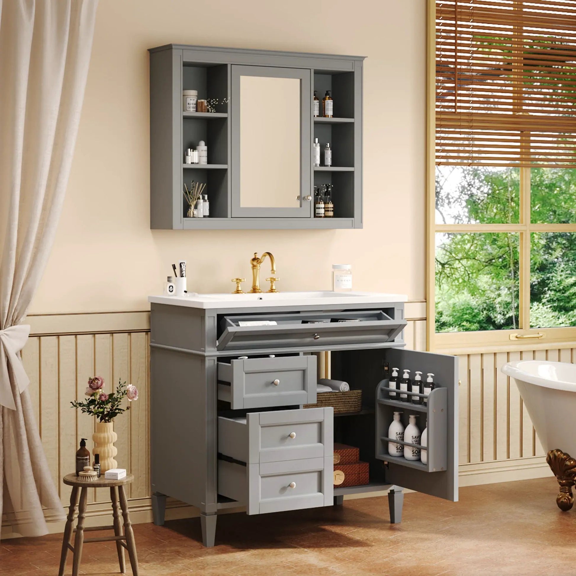 Bathroom vanity with mirror cabinet in gray, single sink, 2 soft closing doors and 4 drawers on Tampa Home & Garden Store