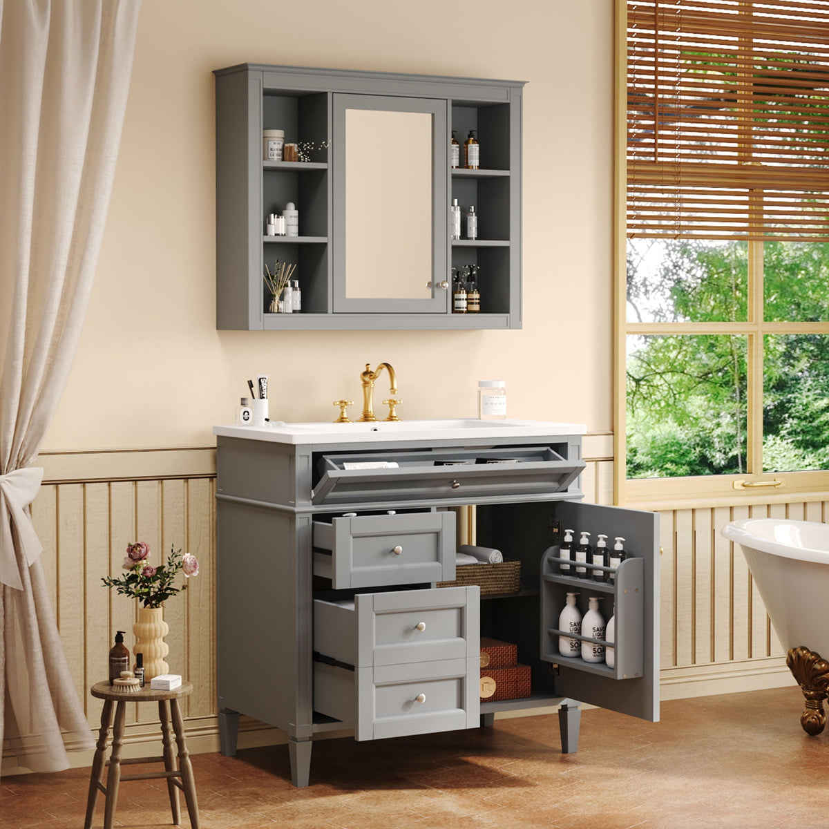 Grey bathroom vanity with mirror cabinet, open side shelves, single sink, soft-close doors on Tampa Home & Garden Store