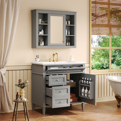 Grey bathroom vanity with mirror cabinet, open side shelves, single sink, soft-close doors on Tampa Home & Garden Store