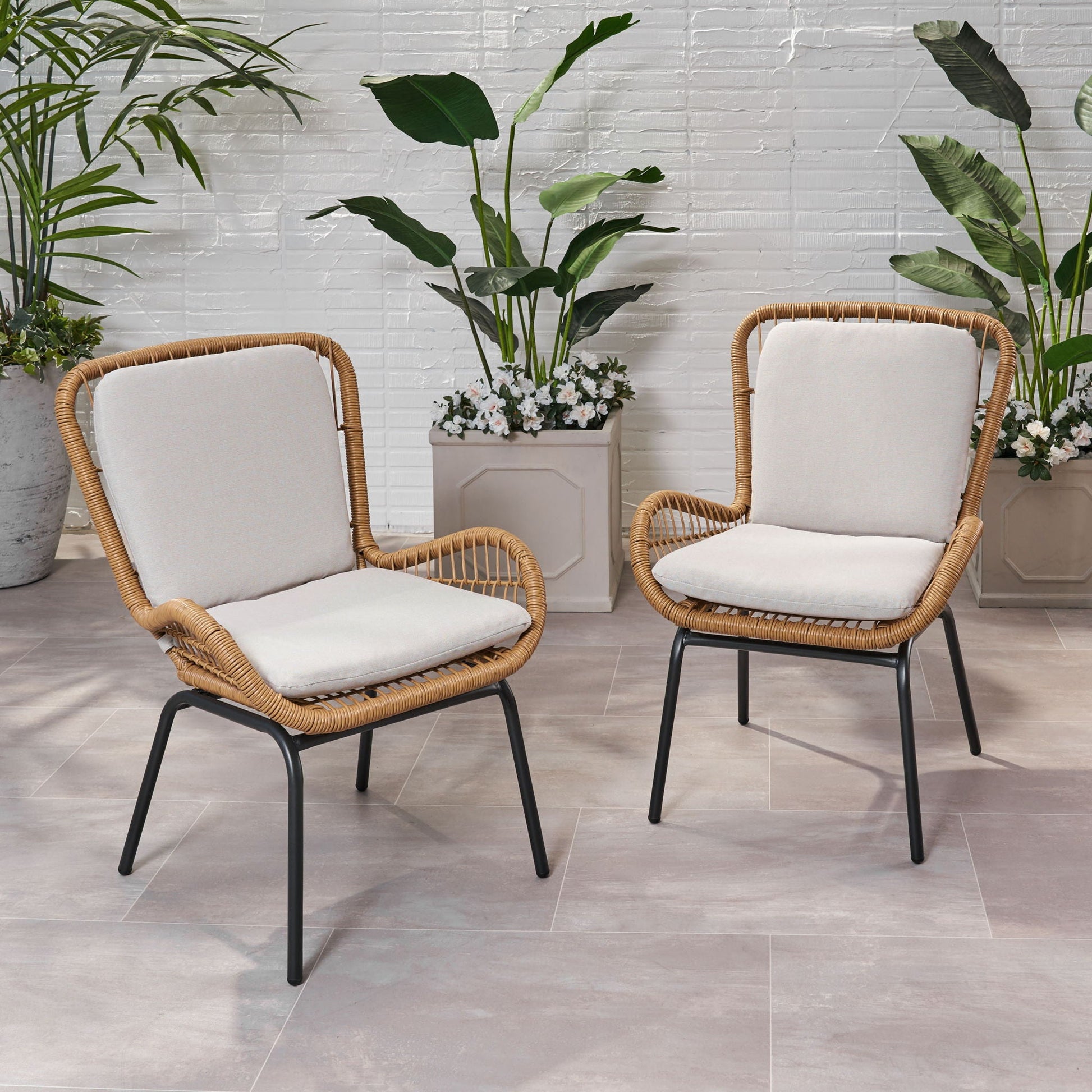 Outdoor Wicker Club Chair Set of 2 with beige cushions, natural rattan weave HouseOfZazla on Tampa Home & Garden Store