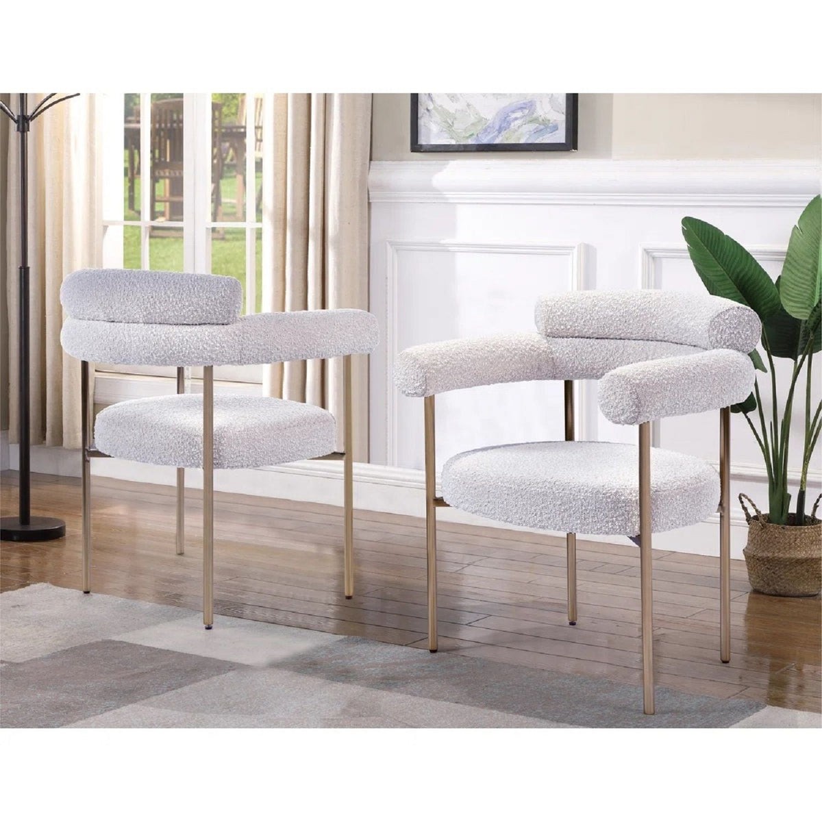 Dining chairs with armrests set of 2 white boucle fabric with brass legs HouseOfZazla on Tampa Home & Garden Store