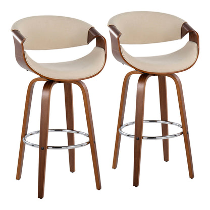 Mid-Century swivel barstool set, walnut frames, beige fabric seats, chrome footrests, 2 stools on Tampa Home & Garden Store