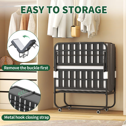 Twin folding bed with adjustable headboard in black metal on wheels in closet setting on Tampa Home & Garden Store