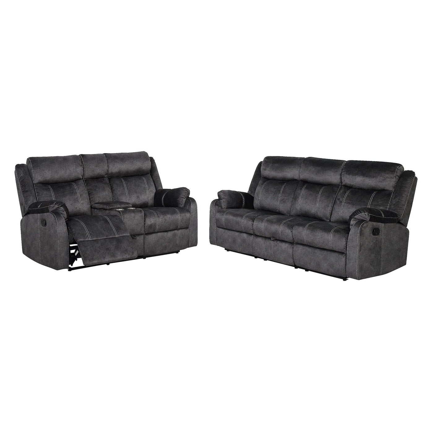 Sonet Domino Reclining Sofas by HouseOfZazla, pair of dark gray sofas with white stitching on Tampa Home & Garden Store
