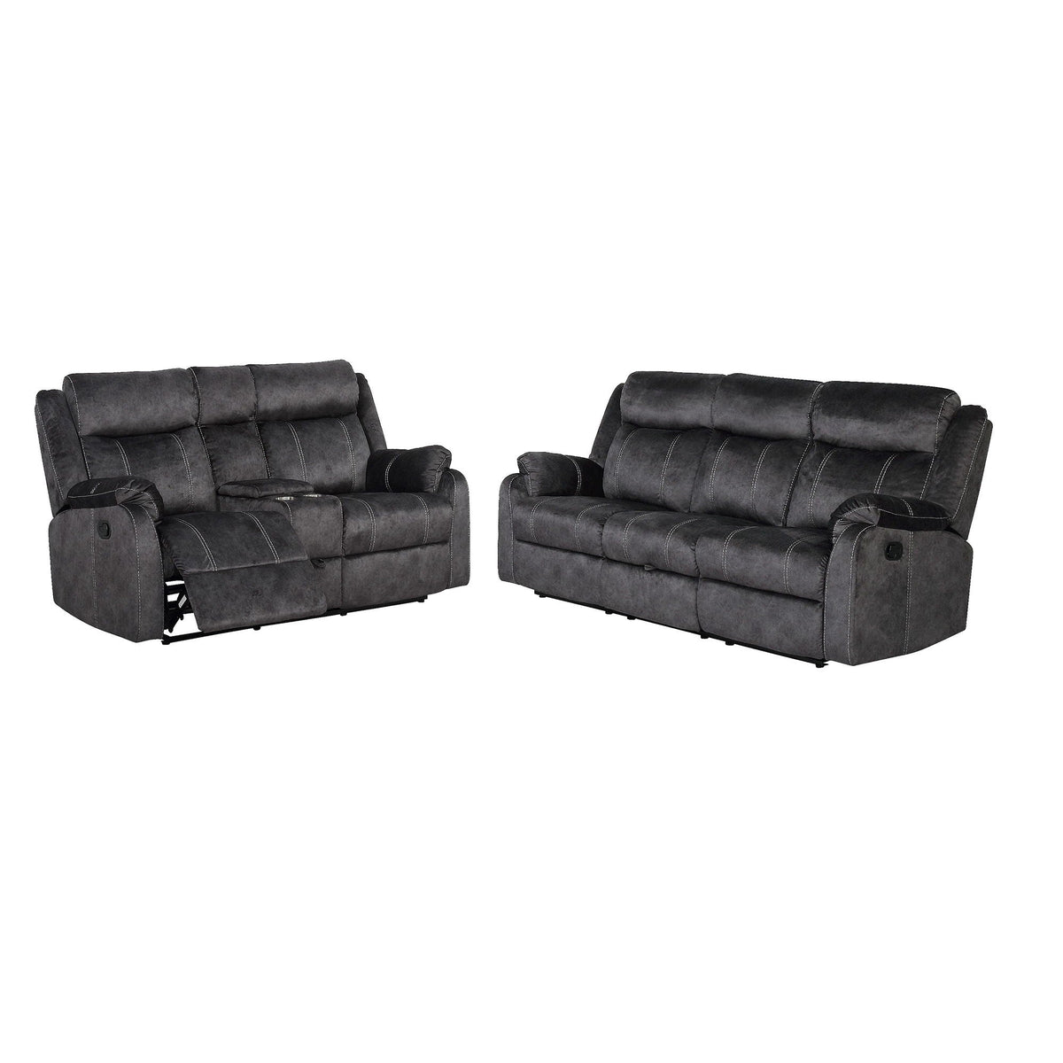 Sonet Domino Reclining Sofas by HouseOfZazla, pair of dark gray sofas with white stitching on Tampa Home & Garden Store