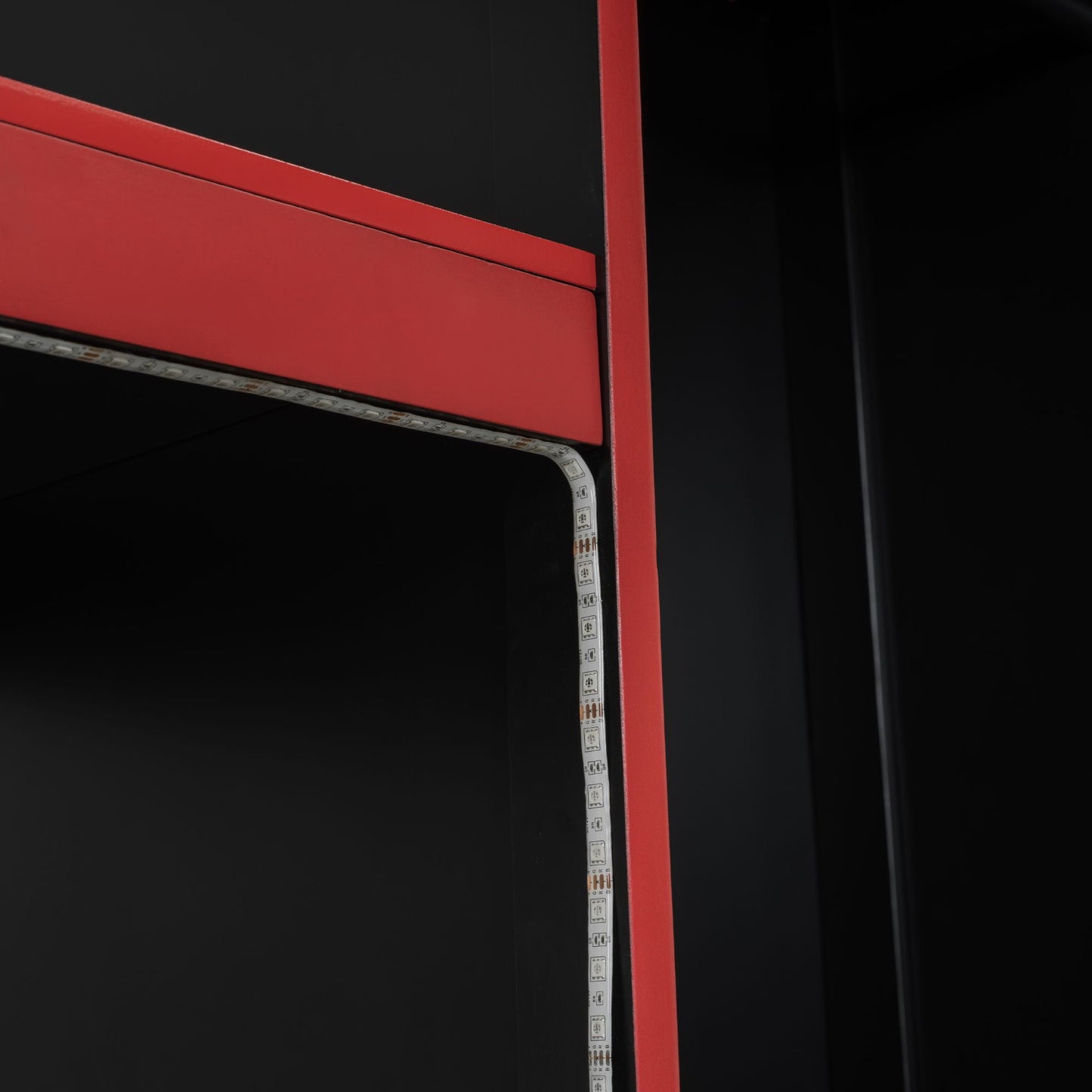 Red loft bed frame rail with built-in LED lighting strip on Tampa Home & Garden Store