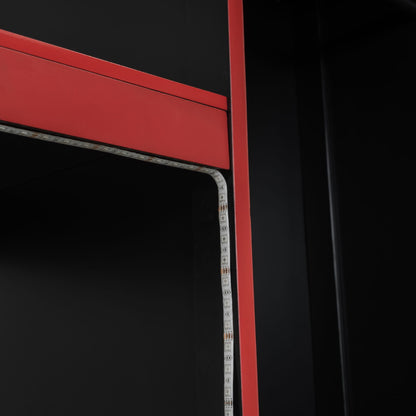 Red loft bed frame rail with built-in LED lighting strip on Tampa Home & Garden Store