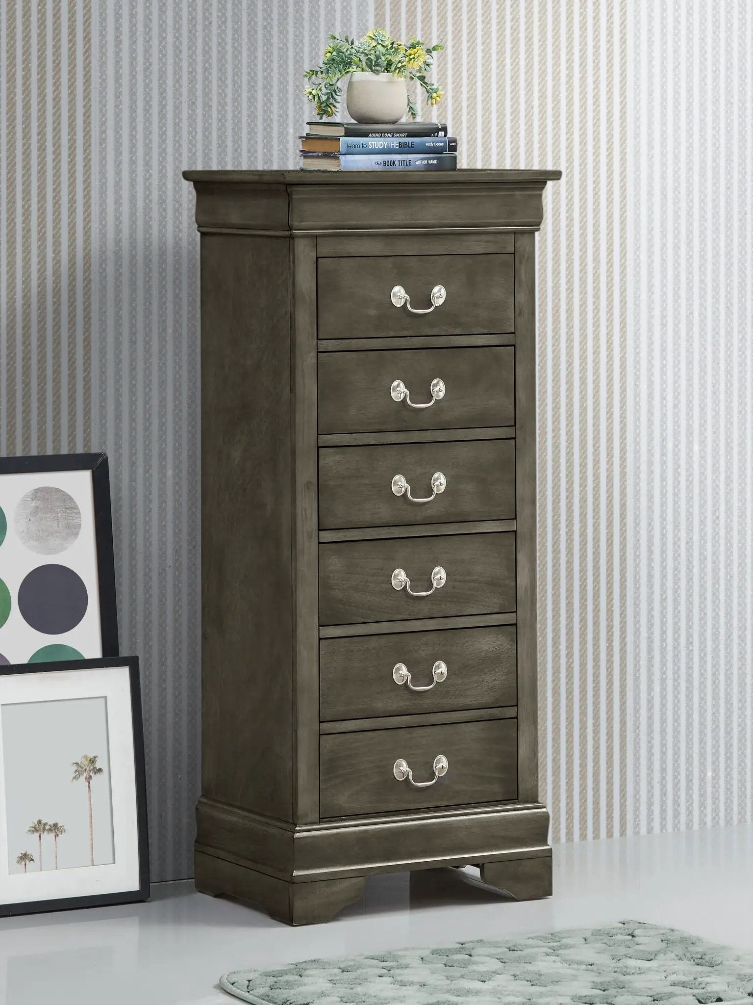 Lingerie chest traditional style in dark gray wood with silver cup pulls on Tampa Home & Garden Store