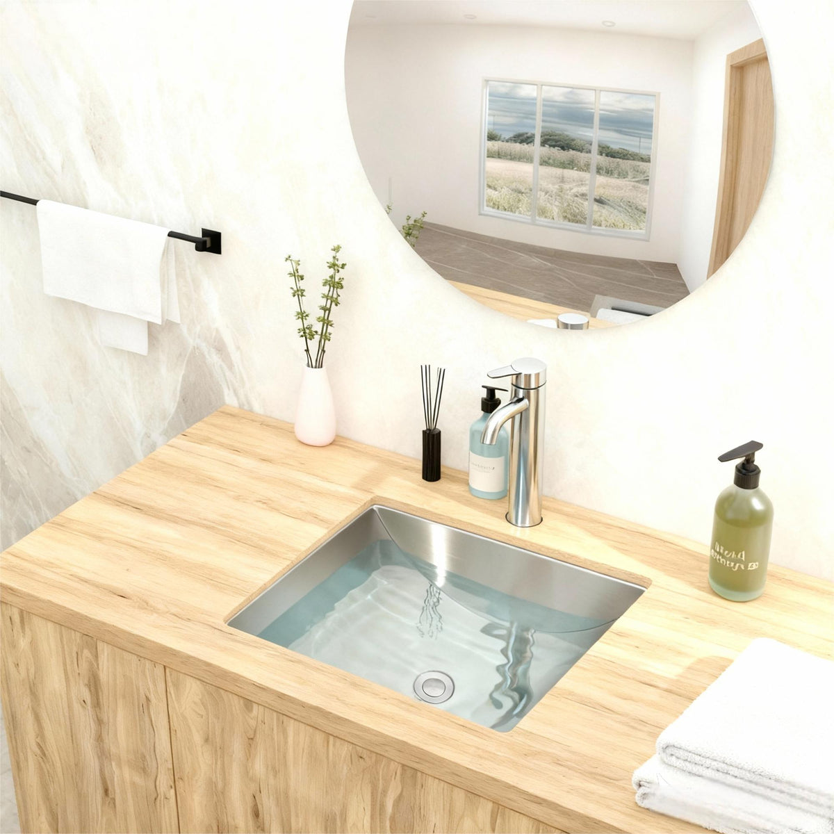 Undermount bathroom sink brushed nickel with pop-up drain on light wood vanity HouseOfZazla on Tampa Home & Garden Store