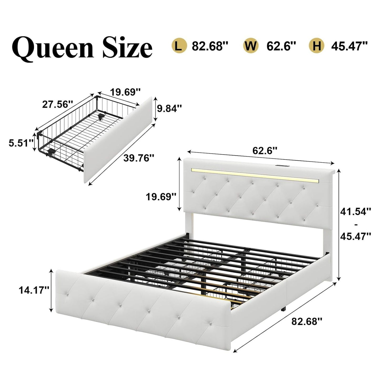 Upholstered Bed Frame with LED Lights Storage
