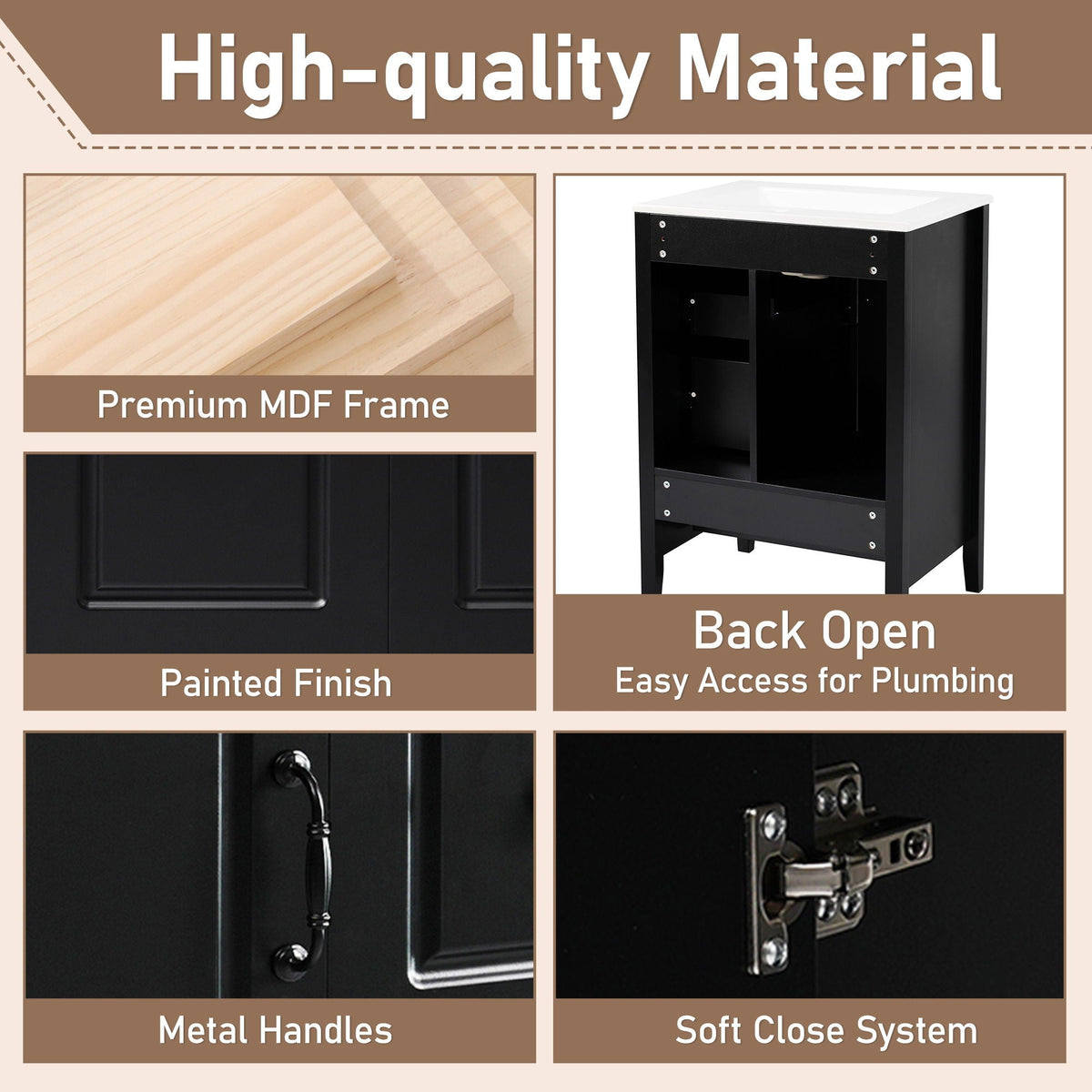 Retro bathroom vanity by HouseOfZazla with ceramic sink, black MDF frame, soft-close drawers on Tampa Home & Garden Store
