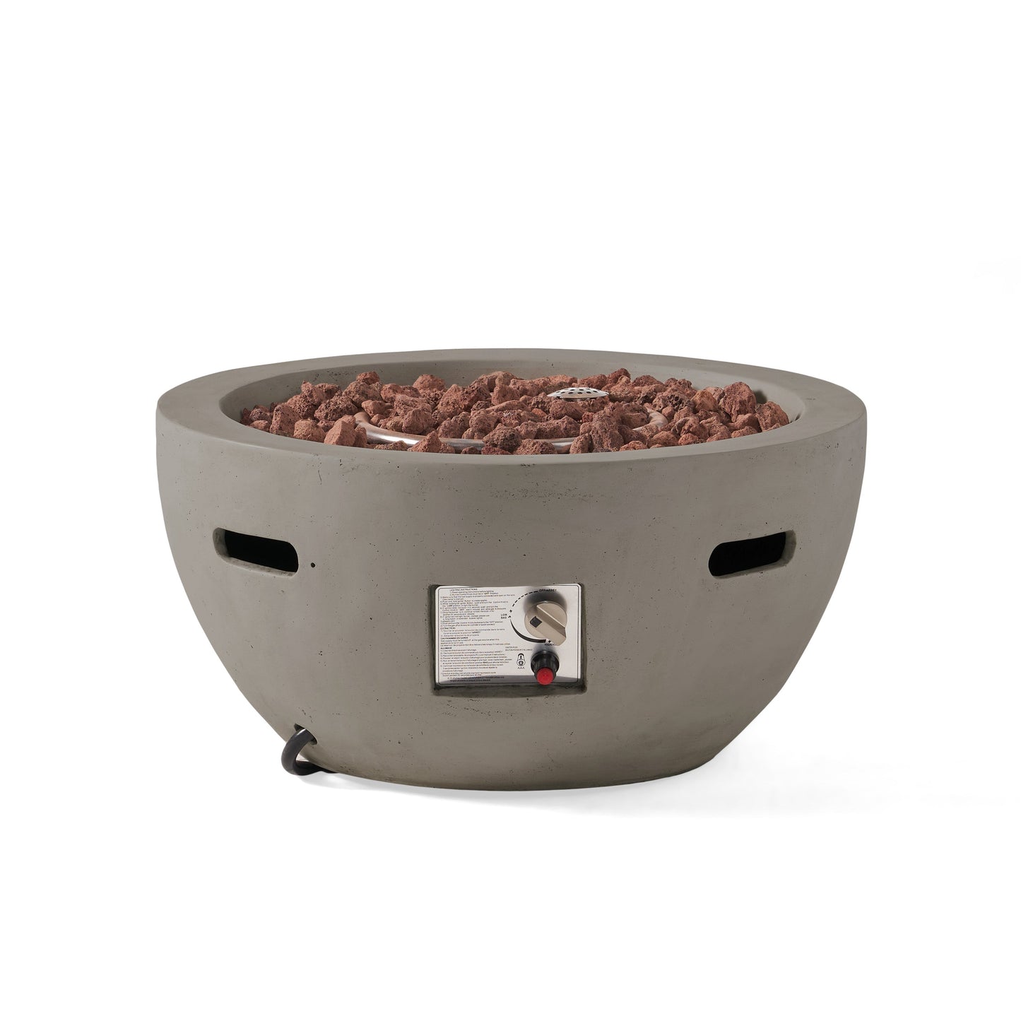 HouseOfZazla 27' bowl-shaped fire pit 40,000 BTU propane, light grey with lava rocks and burner on Tampa Home & Garden Store