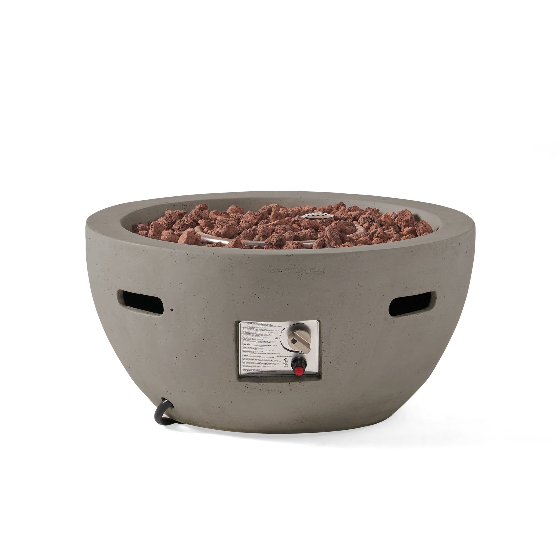 HouseOfZazla 27' bowl-shaped fire pit 40,000 BTU propane, light grey with lava rocks and burner on Tampa Home & Garden Store