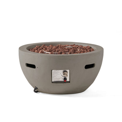 HouseOfZazla 27' bowl-shaped fire pit 40,000 BTU propane, light grey with lava rocks and burner on Tampa Home & Garden Store