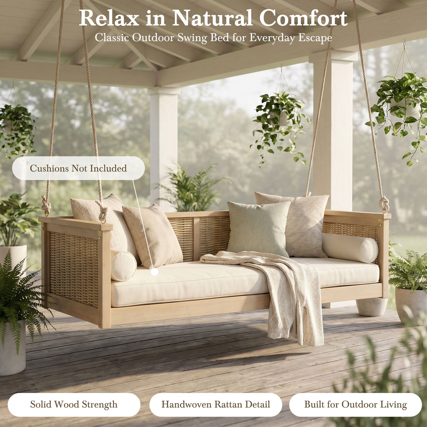 Classic Outdoor Acacia Wood Twin Swing Bed for Porch