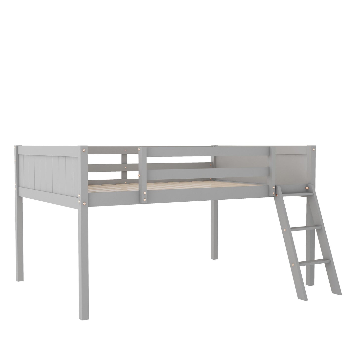 Low loft bed with adjustable ladder in gray, HouseOfZazla loft bed frame with guard rails on Tampa Home & Garden Store