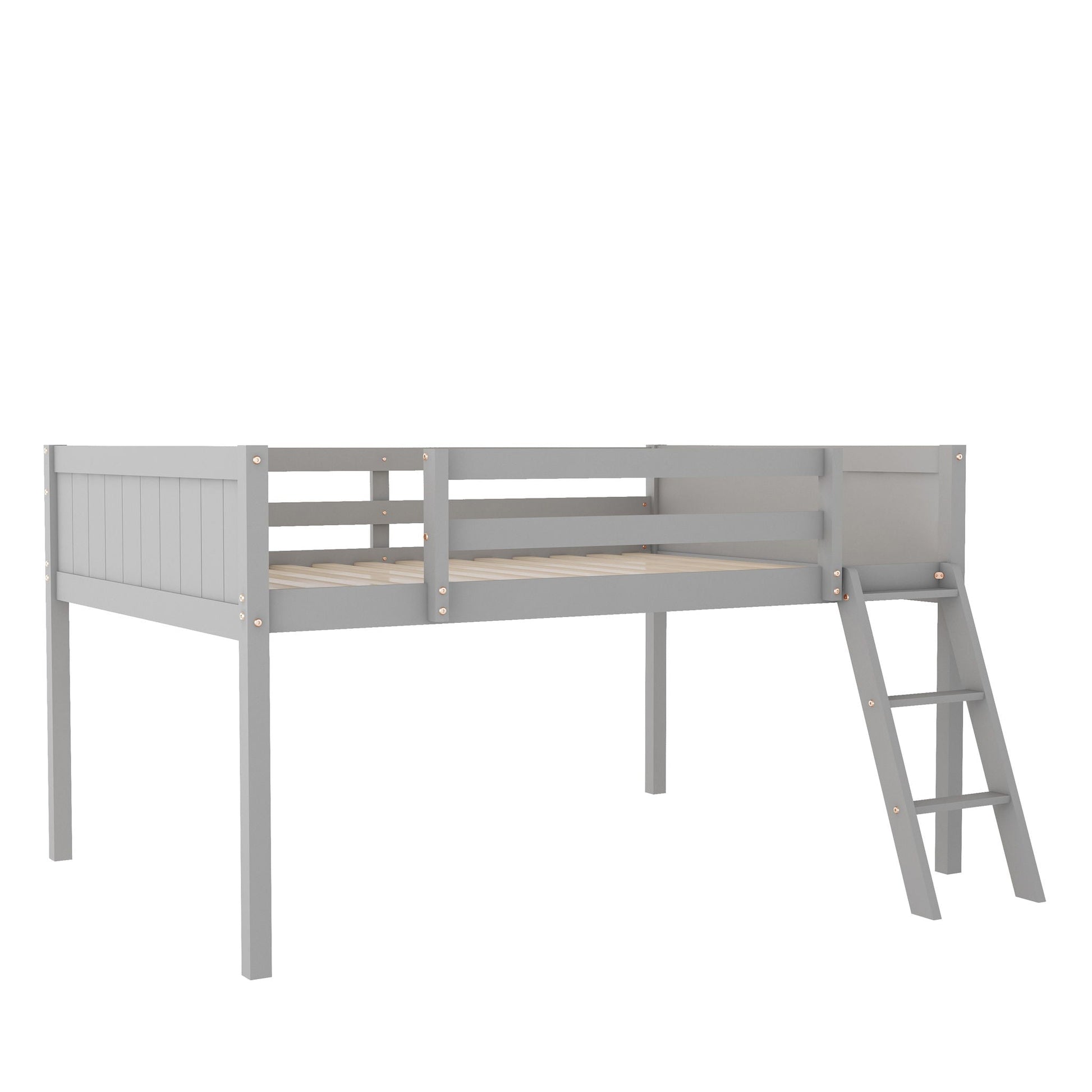 Low loft bed with adjustable ladder in gray, HouseOfZazla loft bed frame with guard rails on Tampa Home & Garden Store