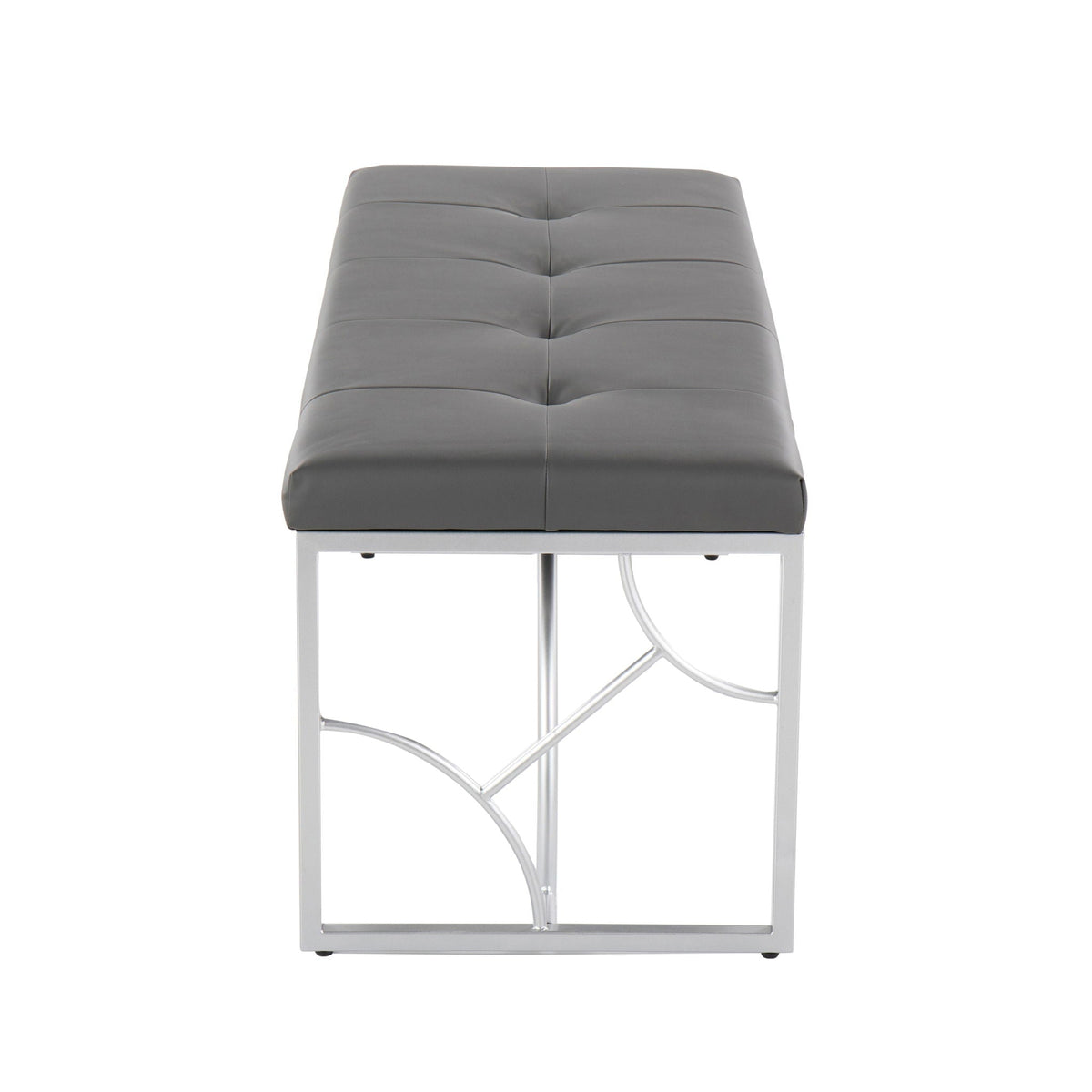 Upholstered bench by HouseOfZazla, gray faux leather with tufted cushions and metal frame on Tampa Home & Garden Store
