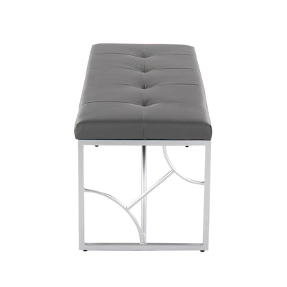 Upholstered bench by HouseOfZazla, gray faux leather with tufted cushions and metal frame on Tampa Home & Garden Store