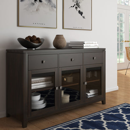 Handcrafted Sideboard Buffet With Glass Doors in dark espresso wood by HouseOfZazla, two art prints on Tampa Home & Garden Store