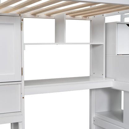 Loft bed with built-in desk and staircase, white frame with natural wood slat bed surface on Tampa Home & Garden Store