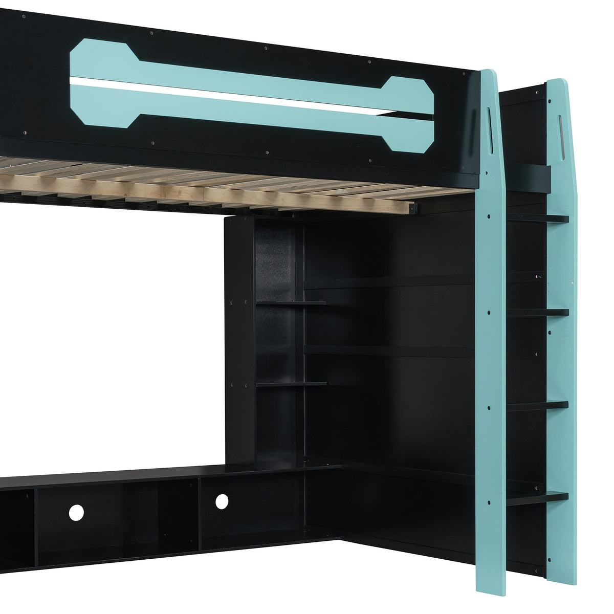Full size wood loft bed with desk in black and turquoise posts with RGB light accents on Tampa Home & Garden Store