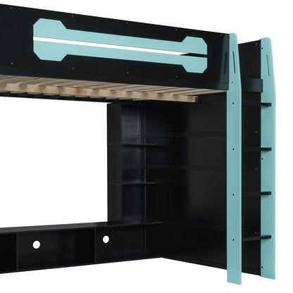 Full size wood loft bed with desk in black and turquoise posts with RGB light accents on Tampa Home & Garden Store