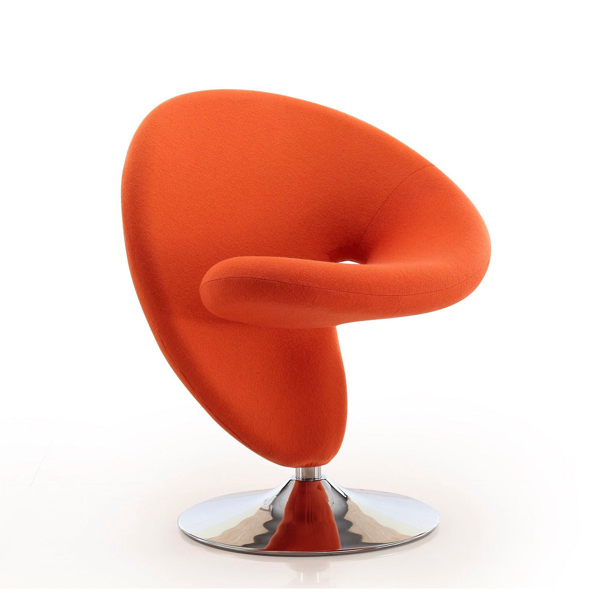 Orange wool-blend swivel lounge chair with curved silhouette on chrome pedestal base on Tampa Home & Garden Store