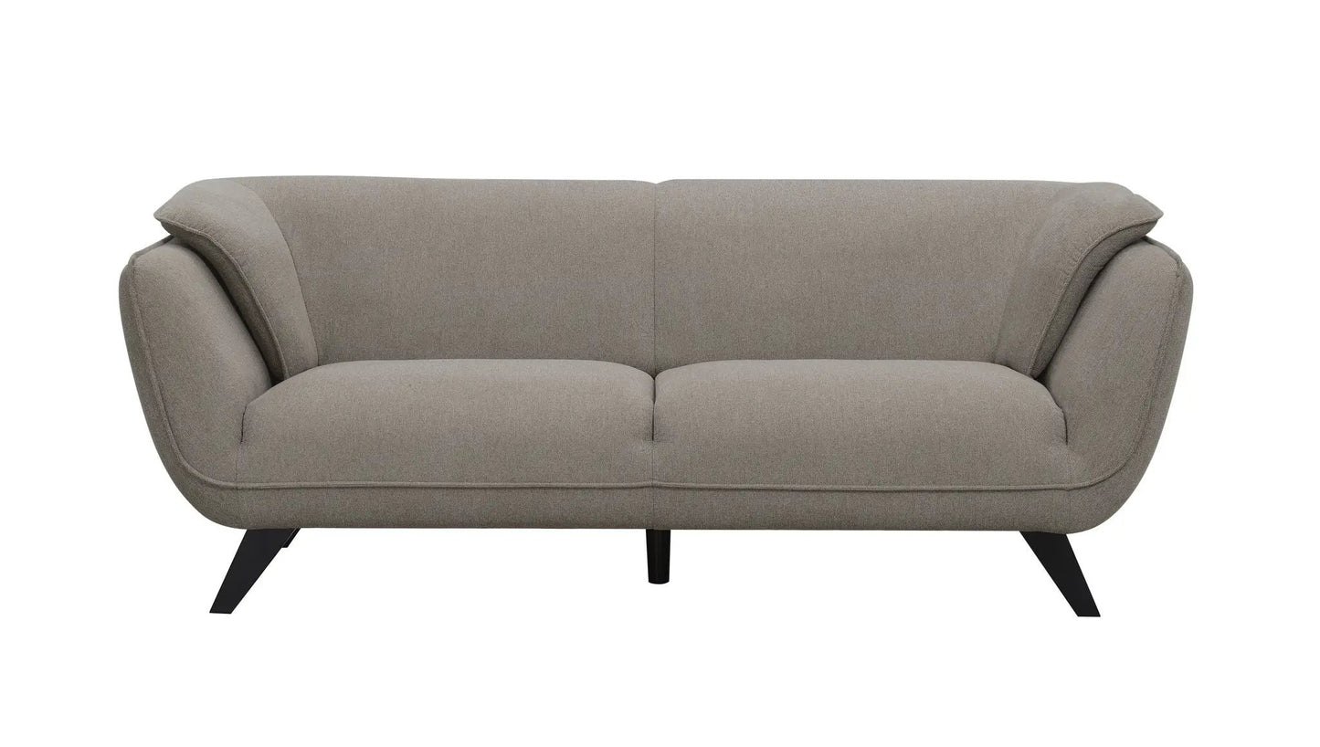 Nayeli Boucle Sofa taupe upholstery, two cushions, black angled legs, Unique Piece Furniture on Tampa Home & Garden Store