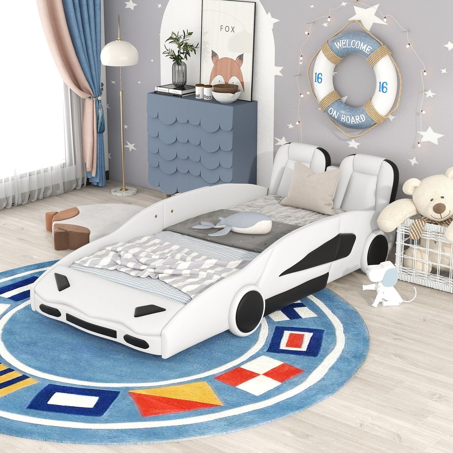 Race Car Shaped Twin Platform Beds with Wheels, white finish and black wheels (2) on Tampa Home & Garden Store