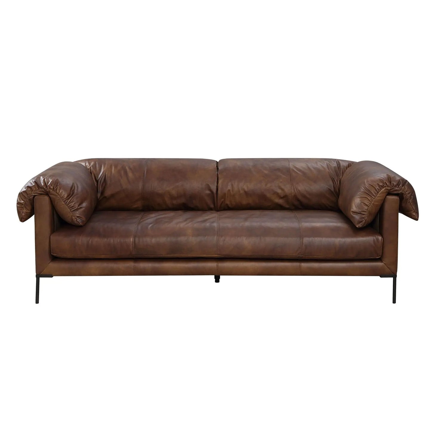 Three-seat mocha top-grain leather sofa with rolled arms and slim metal legs by Unique Piece Furniture on Tampa Home & Garden Store