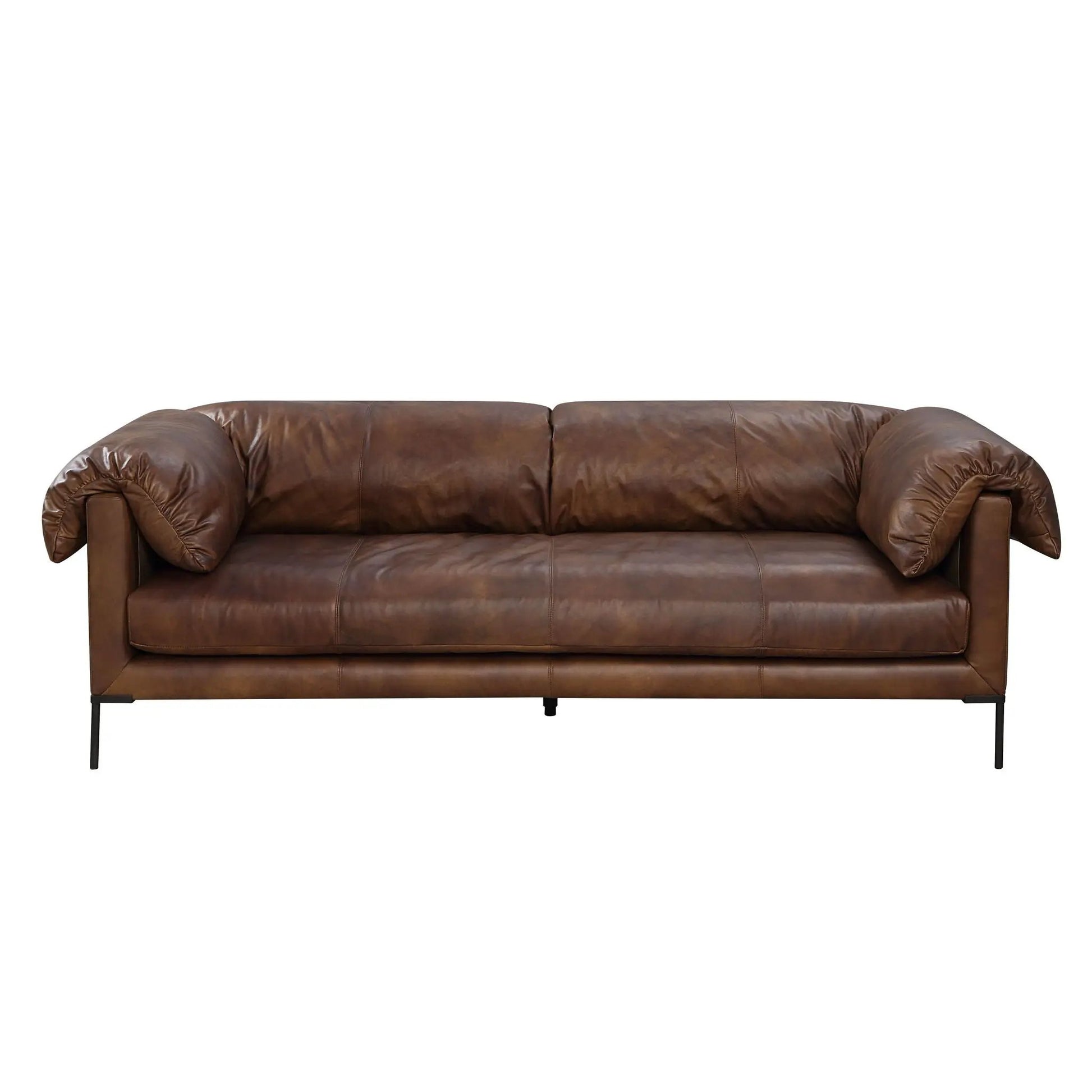 Three-seat mocha top-grain leather sofa with rolled arms and slim metal legs by Unique Piece Furniture on Tampa Home & Garden Store