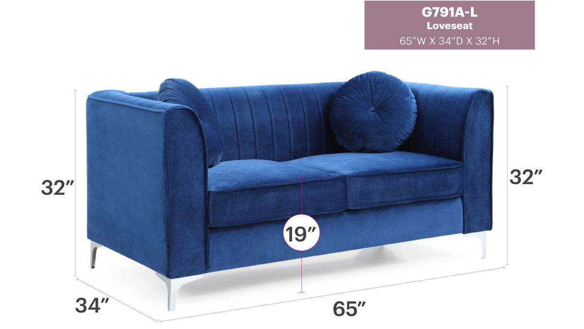 Glam Styled Micro Suede Loveseat blue with channel quilting, 65W x 34D x 32H on Tampa Home & Garden Store