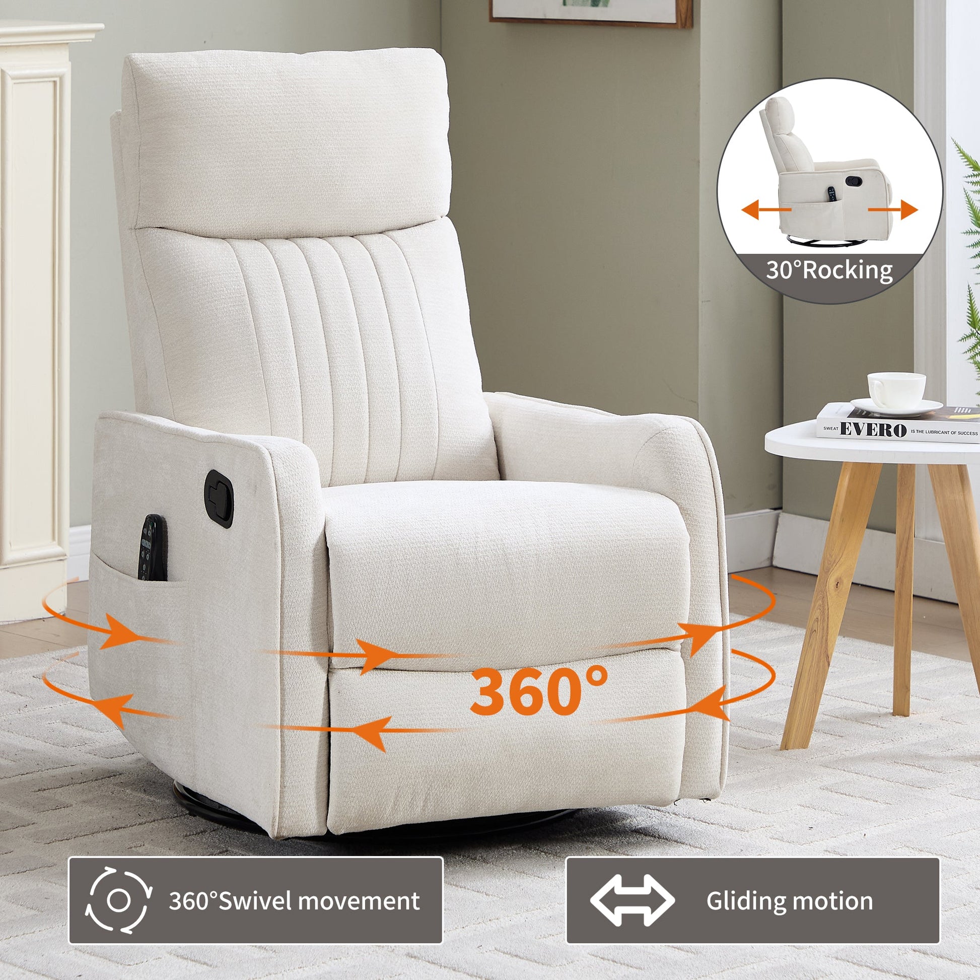 Beige Heat Massage Manual Recliner Chair with Rocker and Swivel by HouseOfZazla on Tampa Home & Garden Store