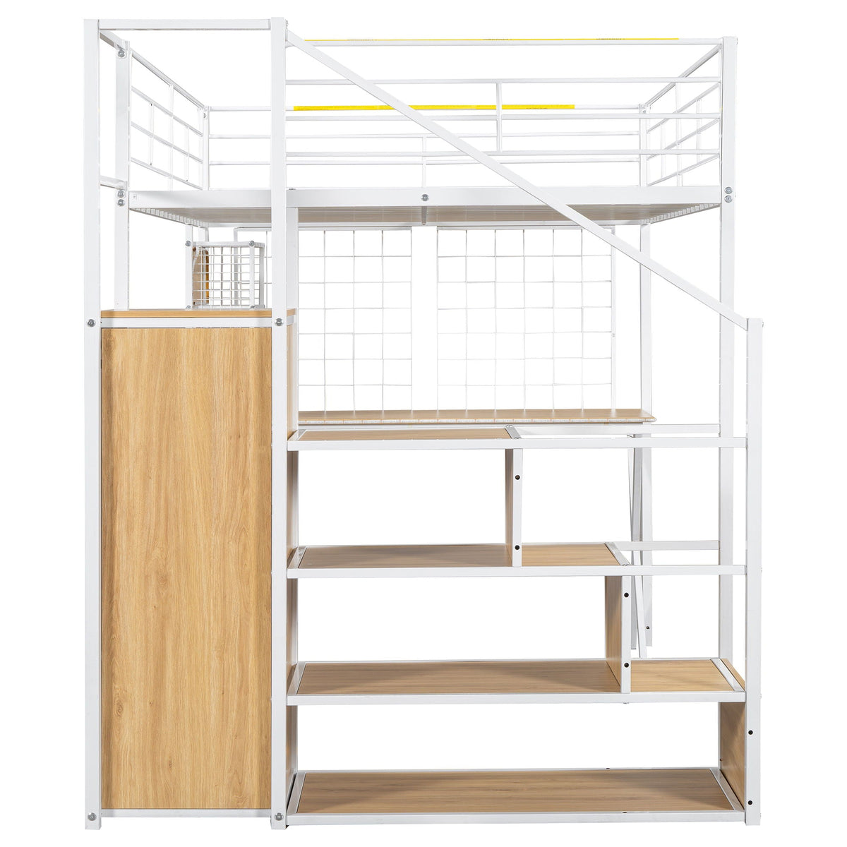 HouseOfZazla loft bed with built-in desk, wardrobe and storage stairs, white frame and wood on Tampa Home & Garden Store