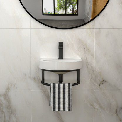 Wall mounted sink with towel bar and matte black faucet, white porcelain basin on black frame on Tampa Home & Garden Store