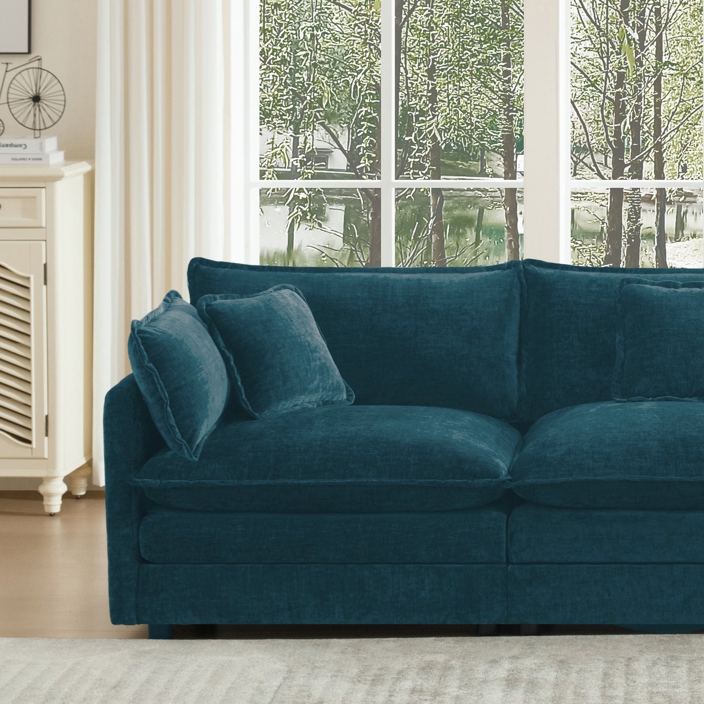HouseOfZazla chenille sofa set of 2 teal blue 2- and 3-seater couches in a bright living room on Tampa Home & Garden Store