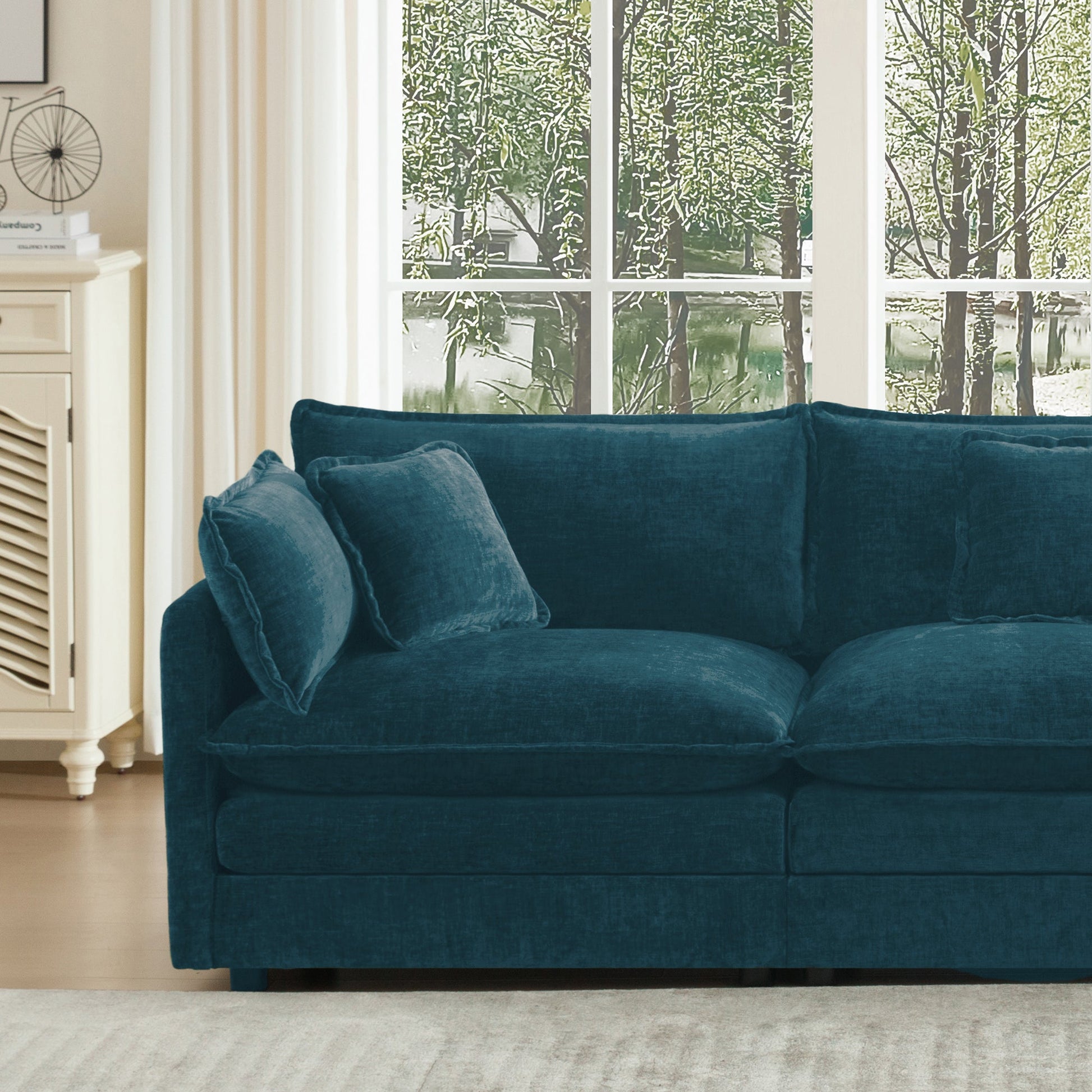 HouseOfZazla chenille sofa set of 2 teal blue 2- and 3-seater couches in a bright living room on Tampa Home & Garden Store
