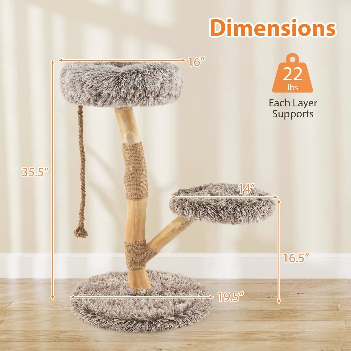 Modern Wooden Cat Tree With Perch and Jute Posts